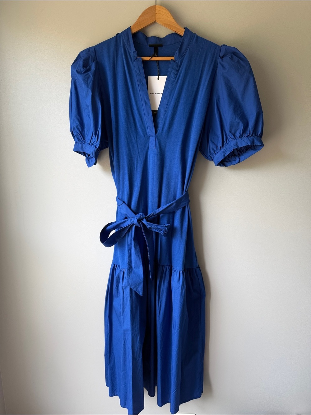 NWT‼️Who What Wear Cobalt Blue Puff-Sleeve Tie-Waist Midi Dress size L